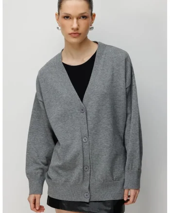 Cardigan lung,  gri inchis, tricotat, cu decolteu in V, inchidere cu nasturi,