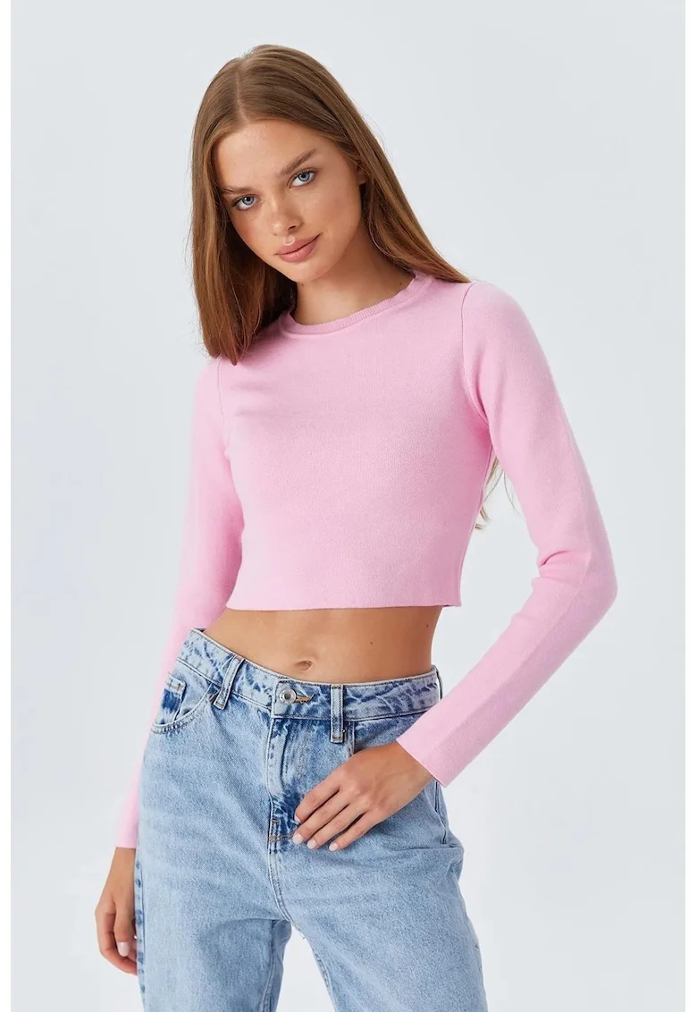 Pulover dama,  top tricotat scurt, maneca lunga, roz pudrat, jerseu, One Size