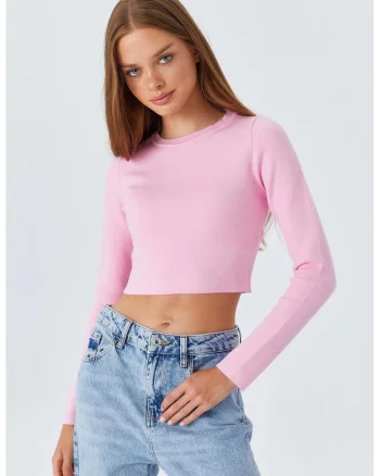 Pulover dama,  top tricotat scurt, maneca lunga, roz pudrat, jerseu, One Size