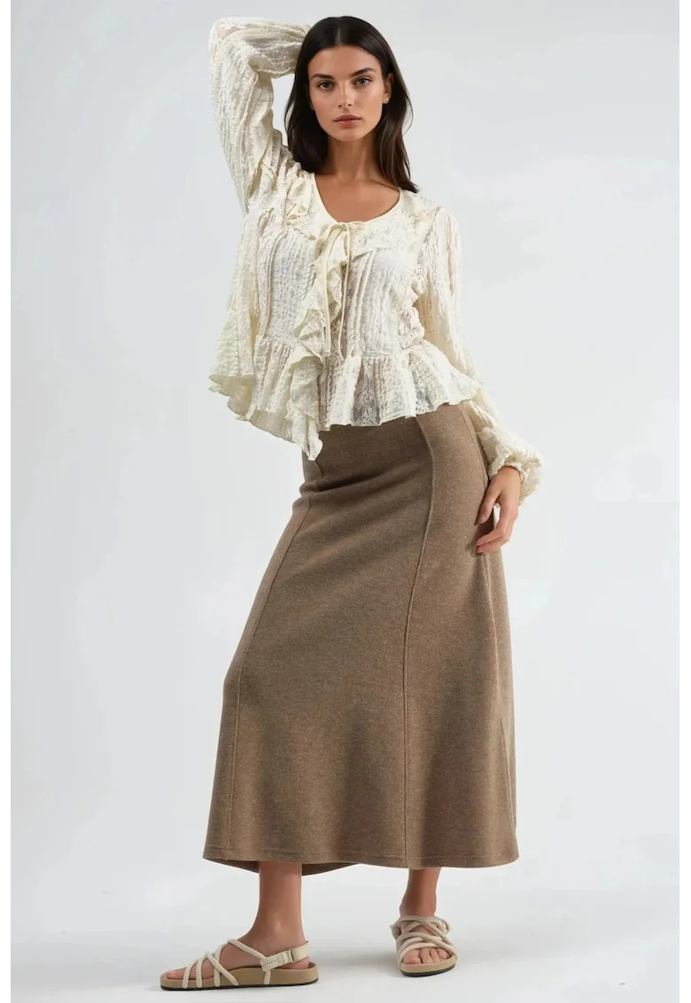 Fusta maxi  croi in A, talie inalta, maro, textil