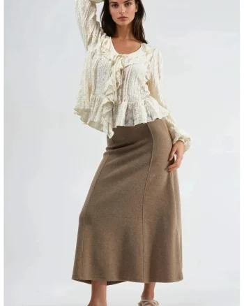 Fusta maxi  croi in A, talie inalta, maro, textil