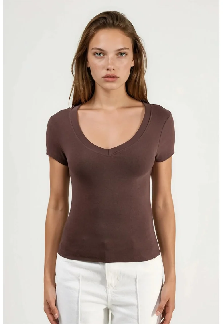 Tricou dama,  elastic, maro, 95% bumbac