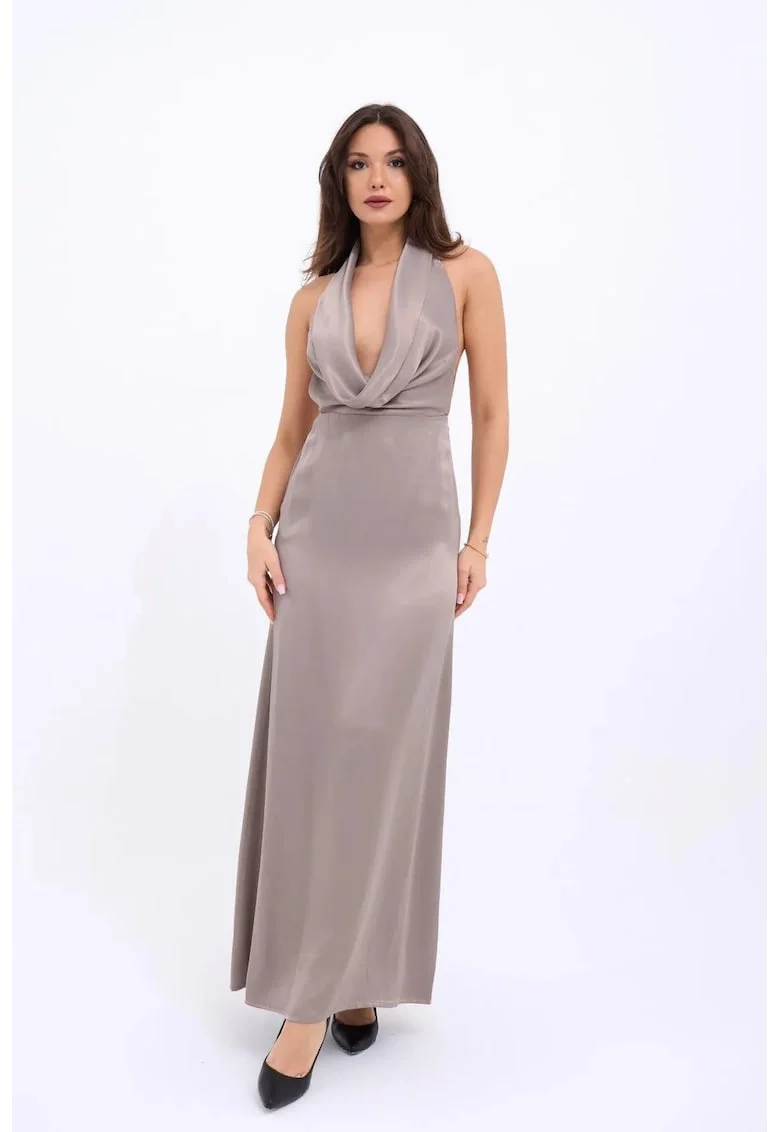 Rochie  maxi, decolteu halter, bej, bumbac