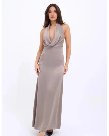 Rochie  maxi, decolteu halter, bej, bumbac
