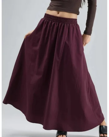 Fusta midi dama,  mov lavanda, talie elastica, cu buzunare, textil