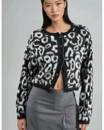 Pulover dama,  cardigan cu imprimeu leopard, negru, 100% acrilic,