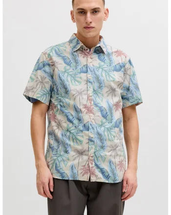 Camasa cu model tropical cu guler clasic, Verde/Rosu stins/Albastru
