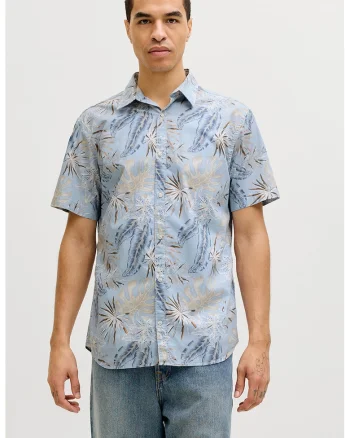 Camasa cu model tropical cu guler clasic, Albastru pastel/Maro