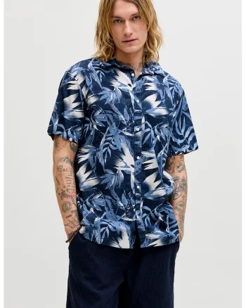 Camasa cu model tropical cu guler clasic, Alb/Albastru