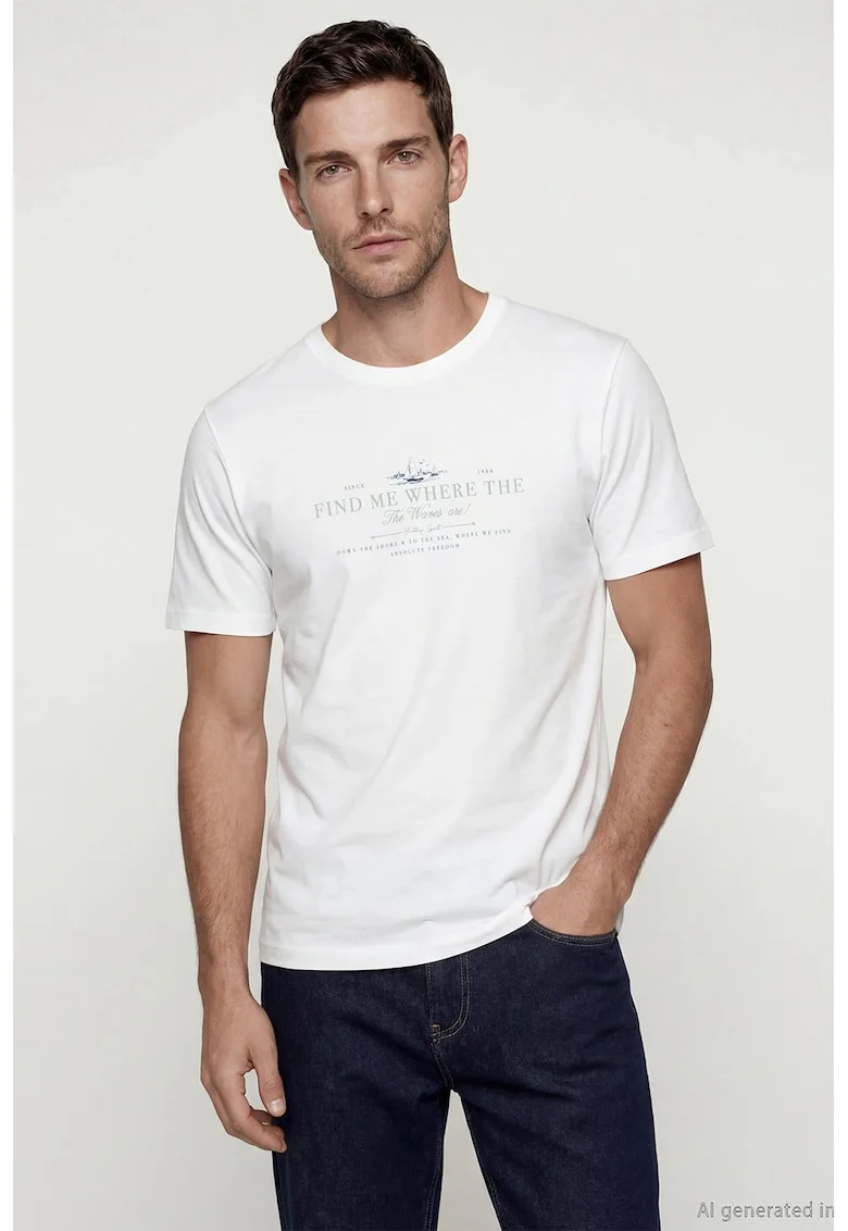 Tricou cu decolteu la baza gatului si imprimeu text, Alb/Gri cenusiu