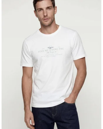 Tricou cu decolteu la baza gatului si imprimeu text, Alb/Gri cenusiu