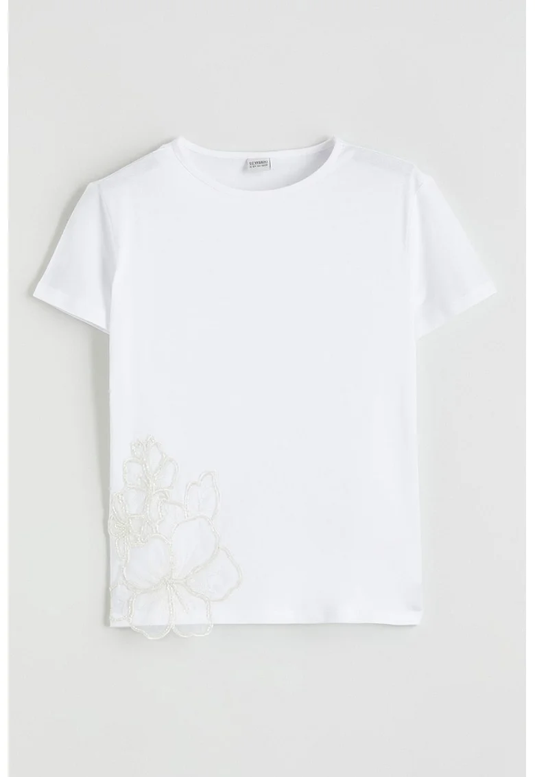 Tricou din bumbac cu decolteu la baza gatului, Alb