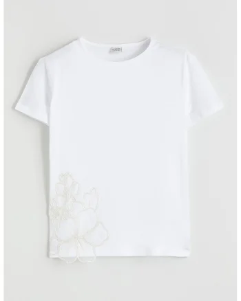 Tricou din bumbac cu decolteu la baza gatului, Alb