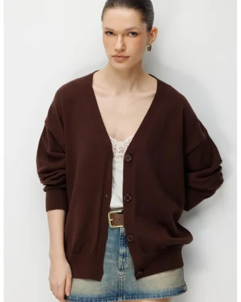 Cardigan lung tricotat,  decolteu in V, inchidere cu nasturi, maro, 100% poliester,