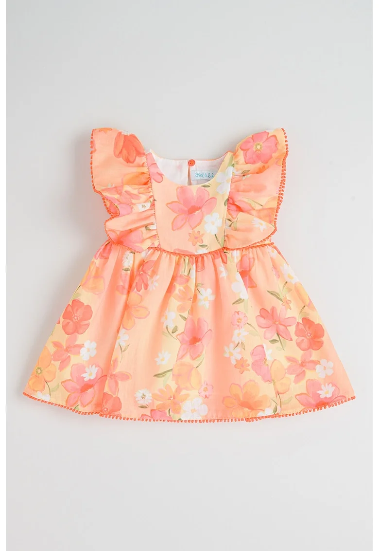 Rochie evazata cu model floral, Portocaliu pastel/Roz