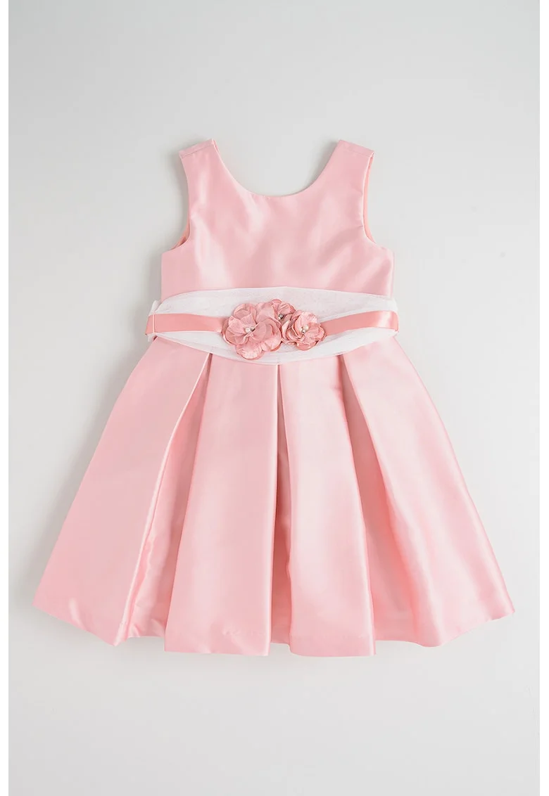Rochie din satin cu croiala baby-doll si cordon in talie, Alb/Roz deschis
