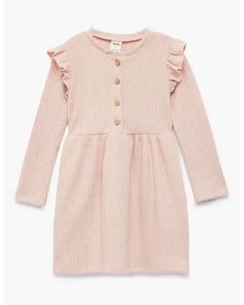 Rochie cu maneci lungi si volane, Roz pal
