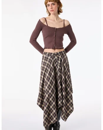 Bluza din amestec de modal cu decolteu pe umari, Maro