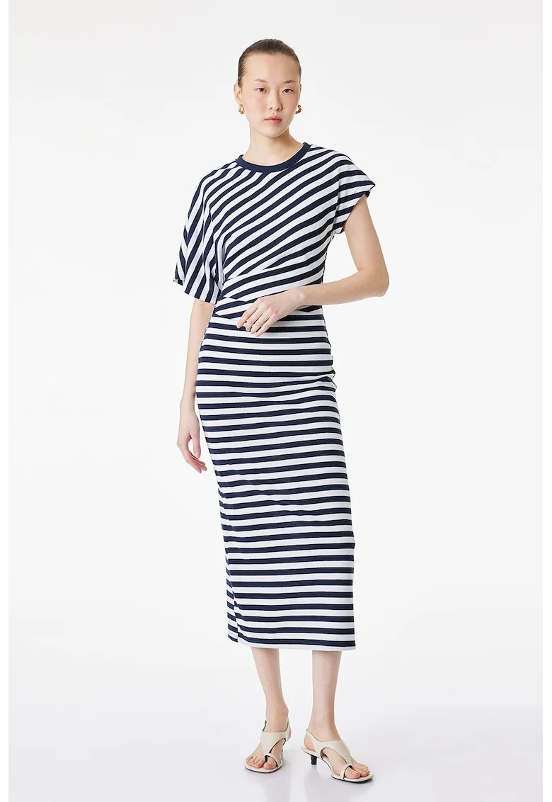Rochie midi cu model in dungi, Alb/Bleumarin
