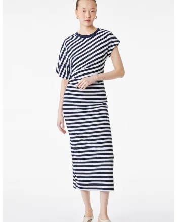 Rochie midi cu model in dungi, Alb/Bleumarin