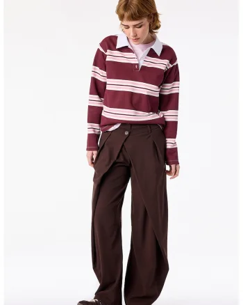 Pantaloni cu talie inalta si aspect petrecut, Maro