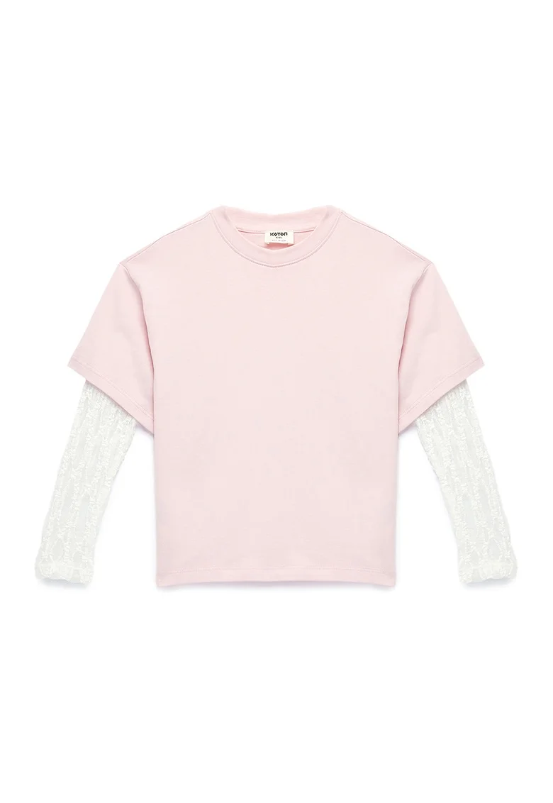 Bluza cu model 2in1 si maneci din dantela, Roz deschis