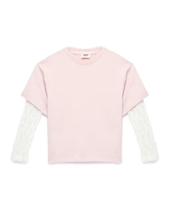 Bluza cu model 2in1 si maneci din dantela, Roz deschis