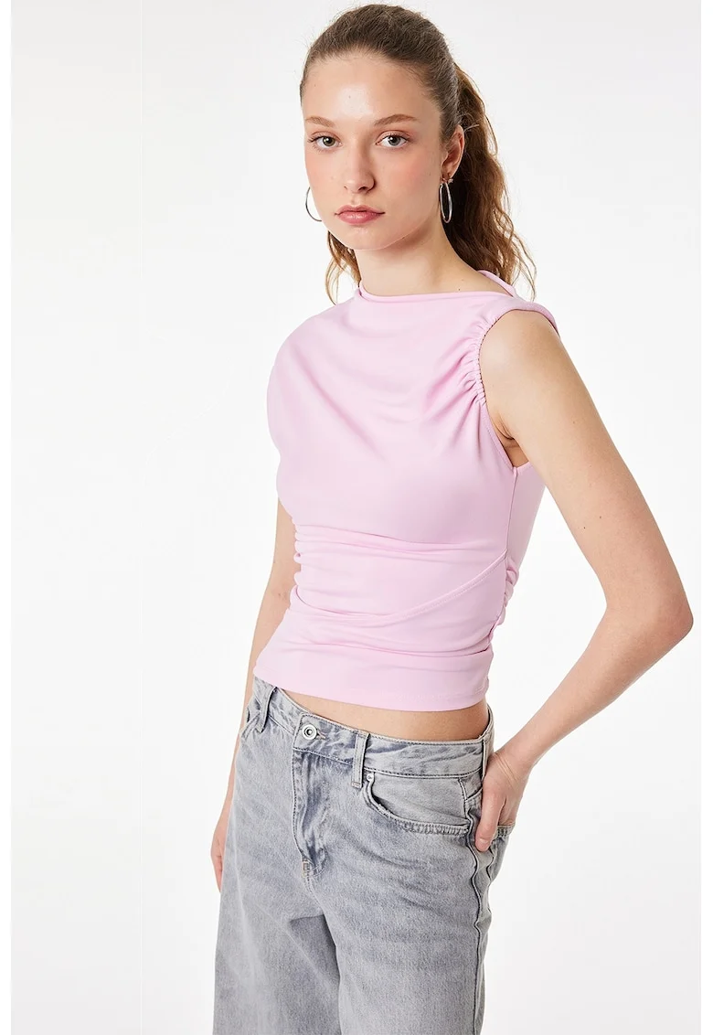 Bluza cu decolteu pe un umar si decolteu asimetric, Roz pastel
