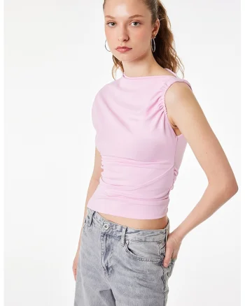 Bluza cu decolteu pe un umar si decolteu asimetric, Roz pastel