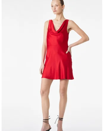 Rochie din satin cu decolteu drapat, Rosu