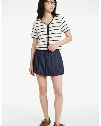 Bluza in dungi cu maneci scurte, Verde padure/Crem