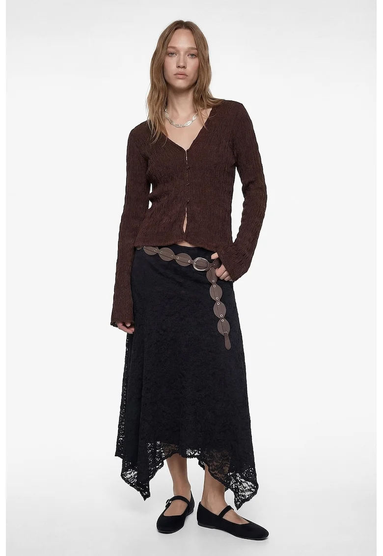 Bluza slim fit cu aspect texturat si decolteu in V, Maro inchis