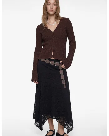 Bluza slim fit cu aspect texturat si decolteu in V, Maro inchis