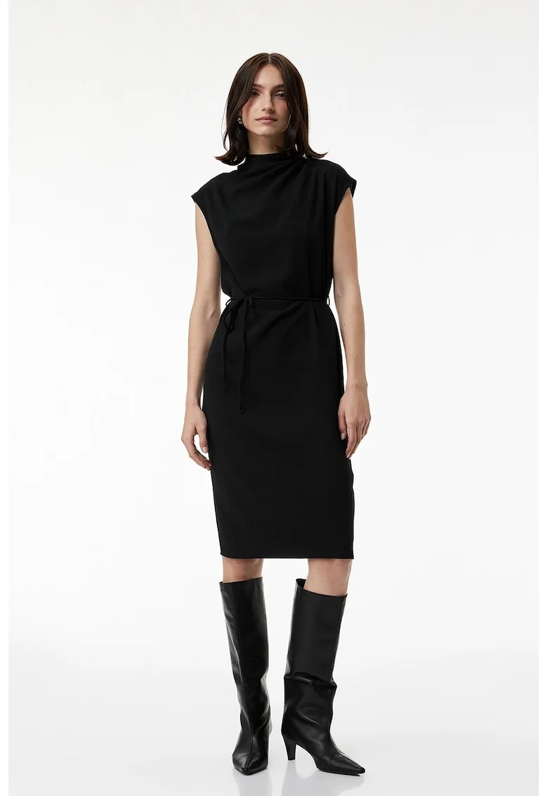 Rochie midi cu cordon in talie, Negru