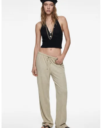 Pantaloni din amestec de in cu croiala ampla si model in dungi, Bej