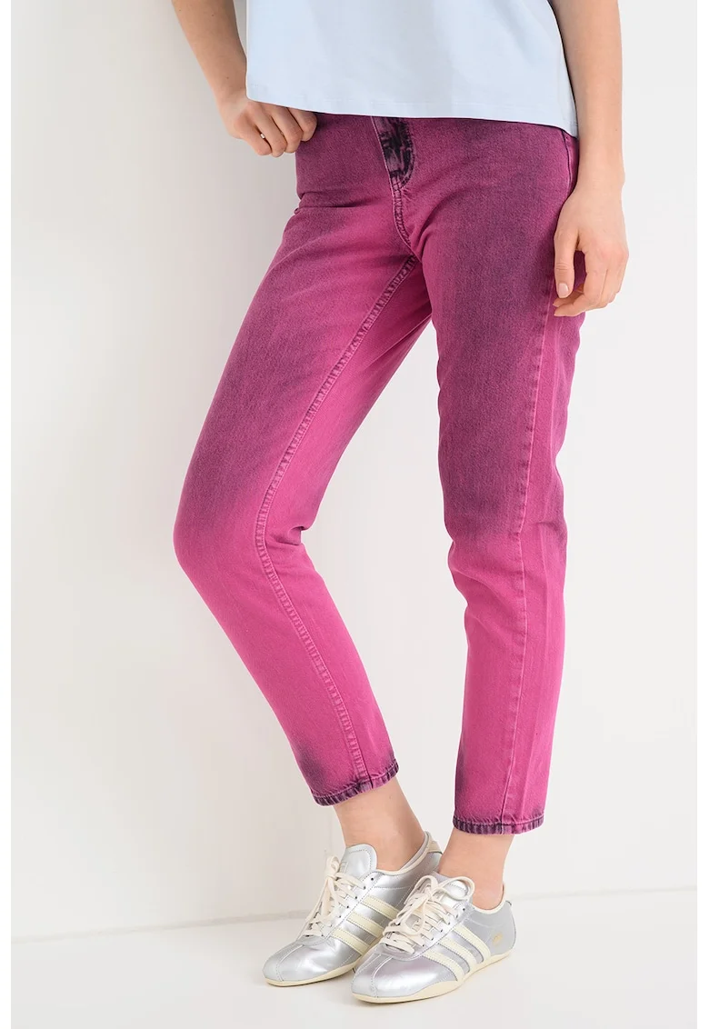 Blugi mom fit crop cu aspect decolorat, Roz fandango