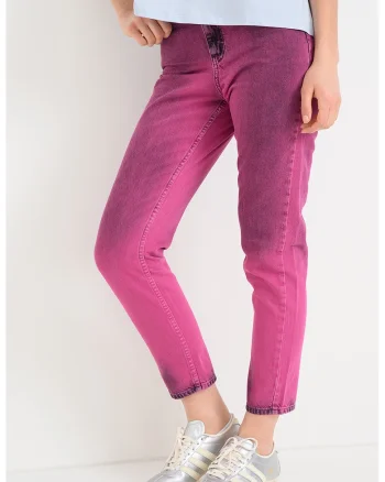 Blugi mom fit crop cu aspect decolorat, Roz fandango