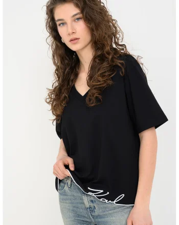 Tricou supradimensionat de bumbac organic cu decolteu in V Signature, Negru