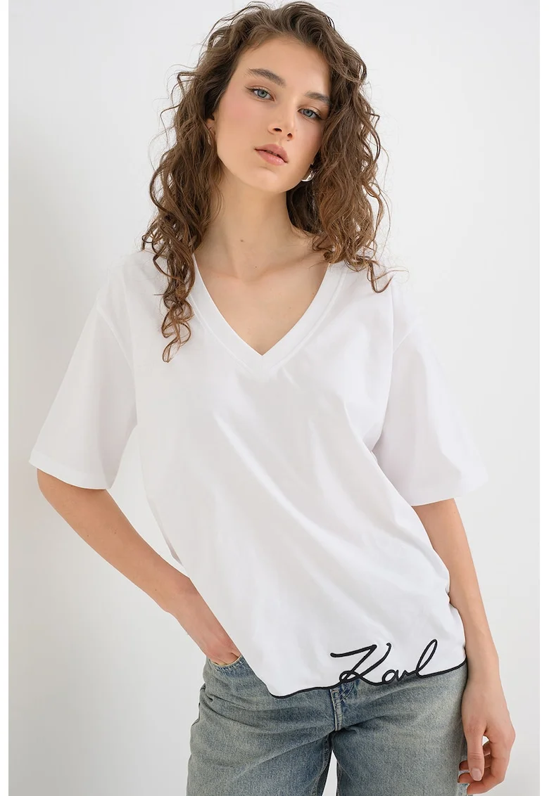 Tricou supradimensionat de bumbac organic cu decolteu in V Signature, Alb optic