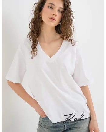 Tricou supradimensionat de bumbac organic cu decolteu in V Signature, Alb optic