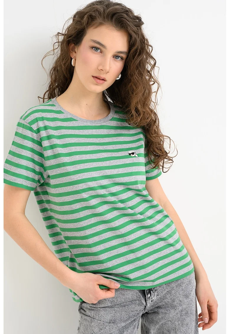 Tricou cu logo pe piept Ikon Stripe, Gri melange/Verde aquamarin