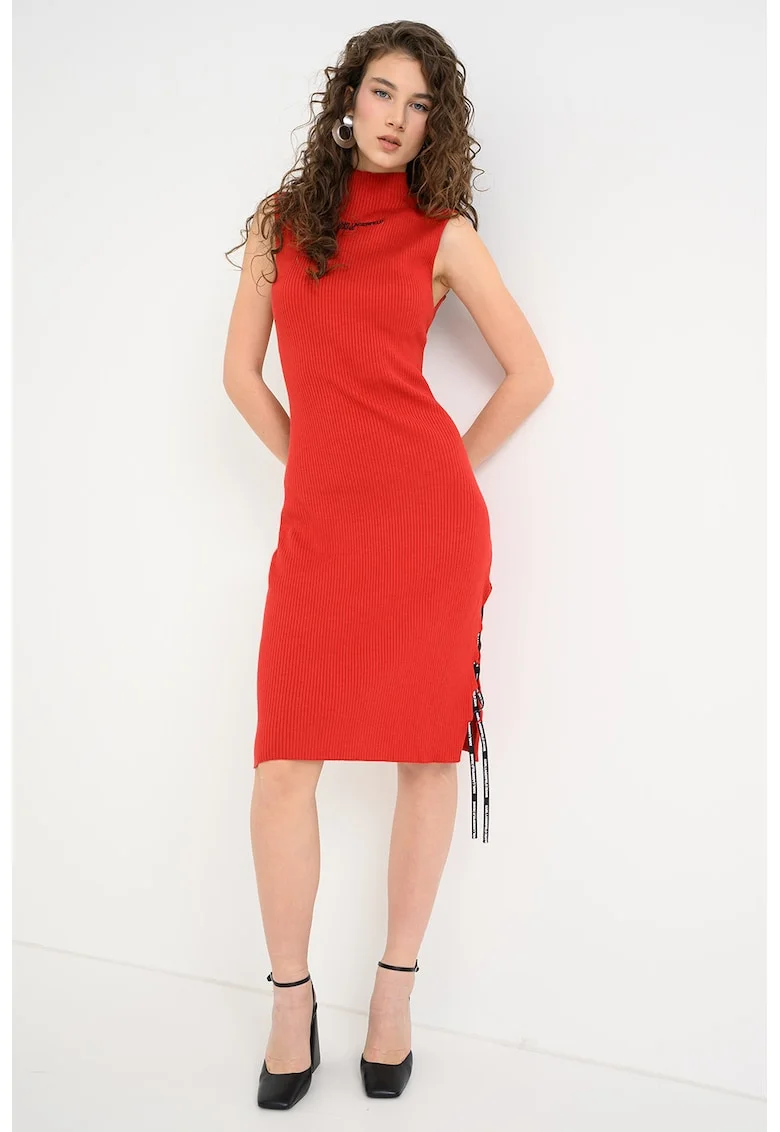Rochie midi tricotata cu slit lateral, Rosu vermillion