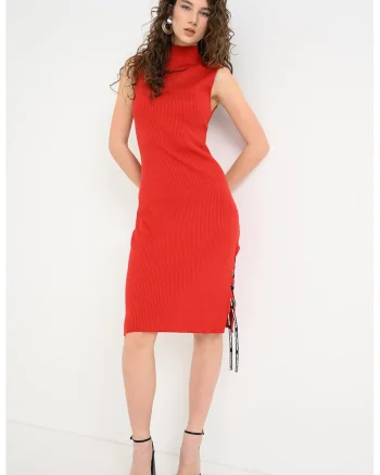 Rochie midi tricotata cu slit lateral, Rosu vermillion