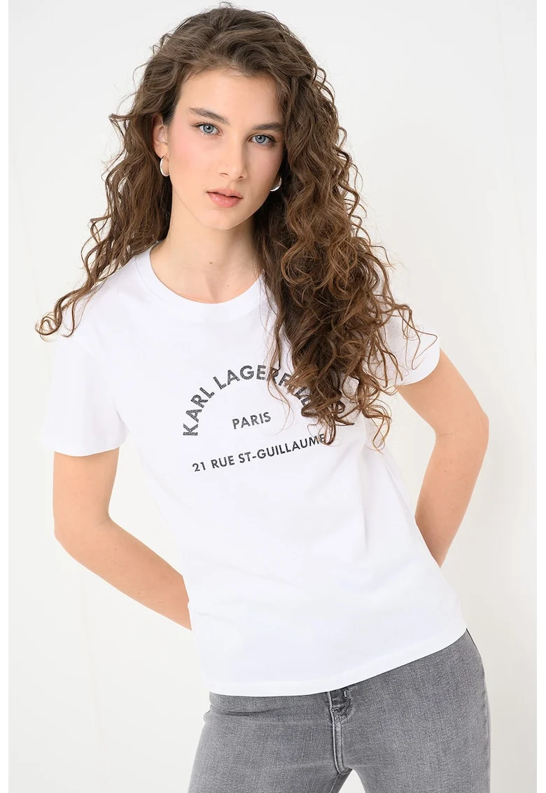 Tricou slim fit cu imprimeu logo Glitter Petite, Alb optic