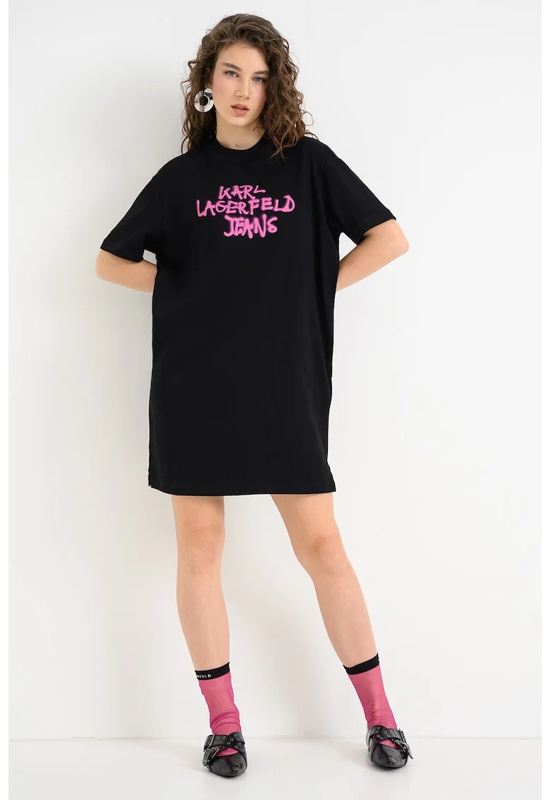 Rochie-tricou cu imprimeu logo, Negru