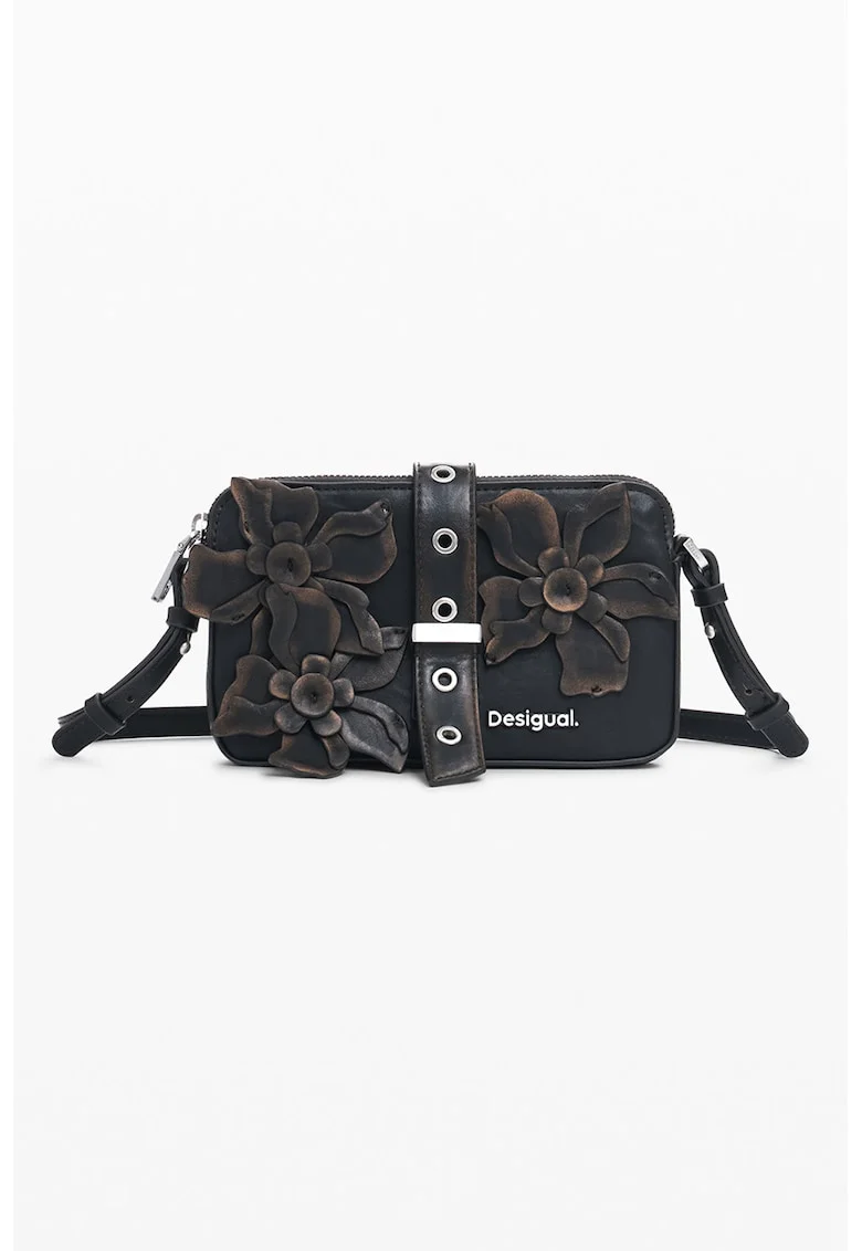 Geanta crossbody din piele ecologica cu aplicatii florale, Maro inchis