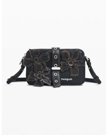 Geanta crossbody din piele ecologica cu aplicatii florale, Maro inchis