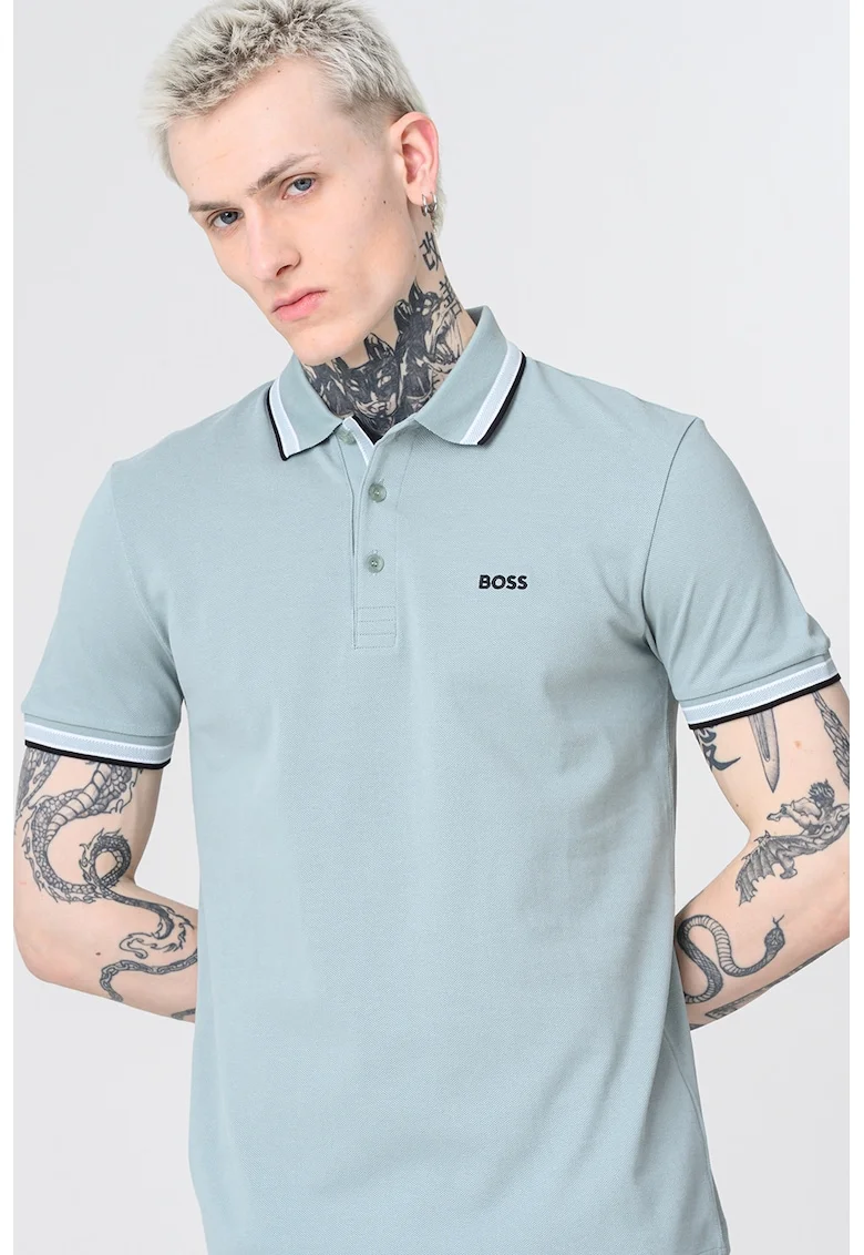 Tricou polo regular fit din bumbac pique cu margini contrastante Paddy, Verde sparanghel