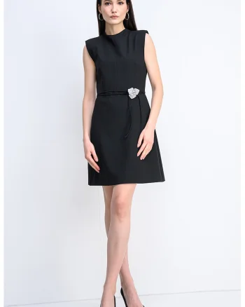 Rochie scurta cu croiala in A si cordon cu decoratiuni Kelendi, Negru