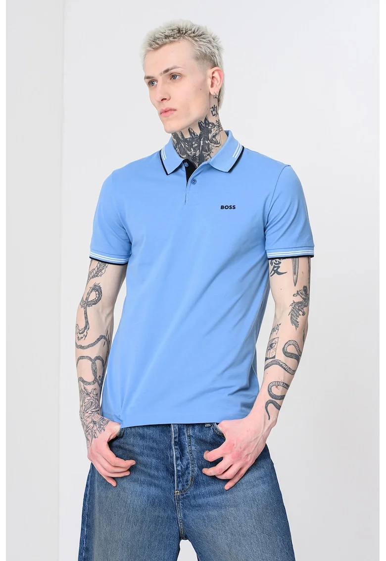 Tricou polo slim fit Paul, Alb/Negru/Albastru azur